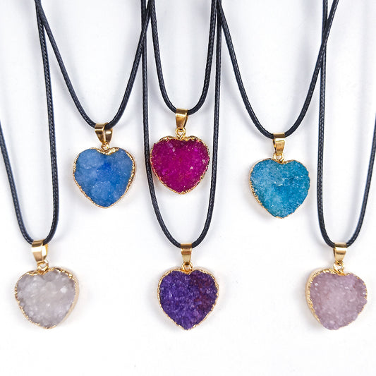 Crystal Druzy Stone Heart Necklace For Women Girl  Cluster Heart Pendant