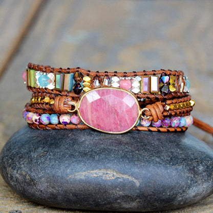 Natural Rhodochrosite Hand Woven Bracelet