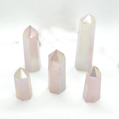 Natural Pink Tower Angel Aura Rose Quartz Crystal Wand Point Healing Stone For Sale