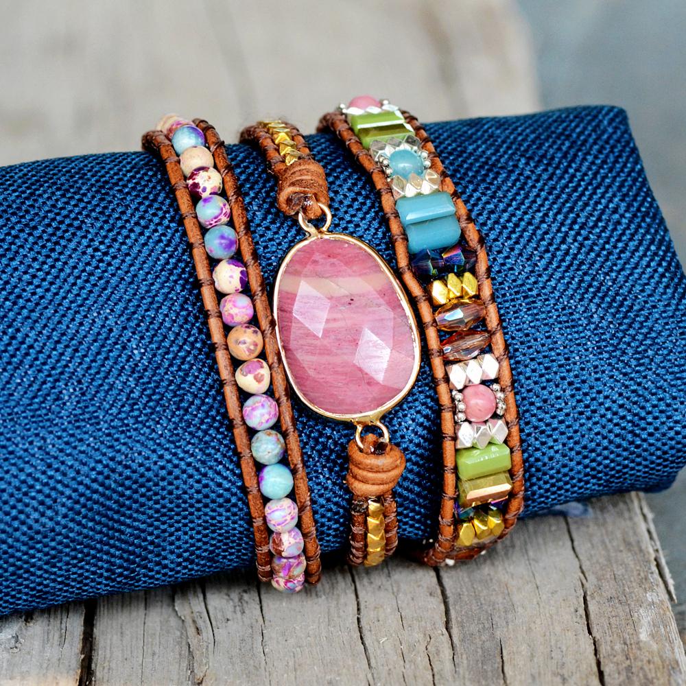 Natural Rhodochrosite Hand Woven Bracelet