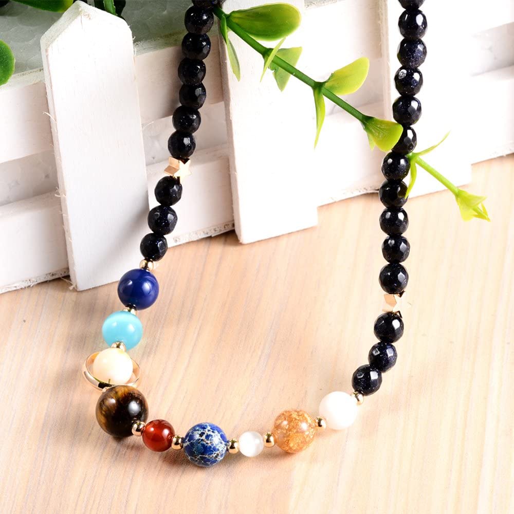 Solar System Necklace Natural Stone Galaxy The Eight Planets Guardian Star Bead Handmade Necklace