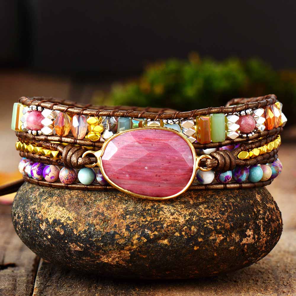 Natural Rhodochrosite Hand Woven Bracelet