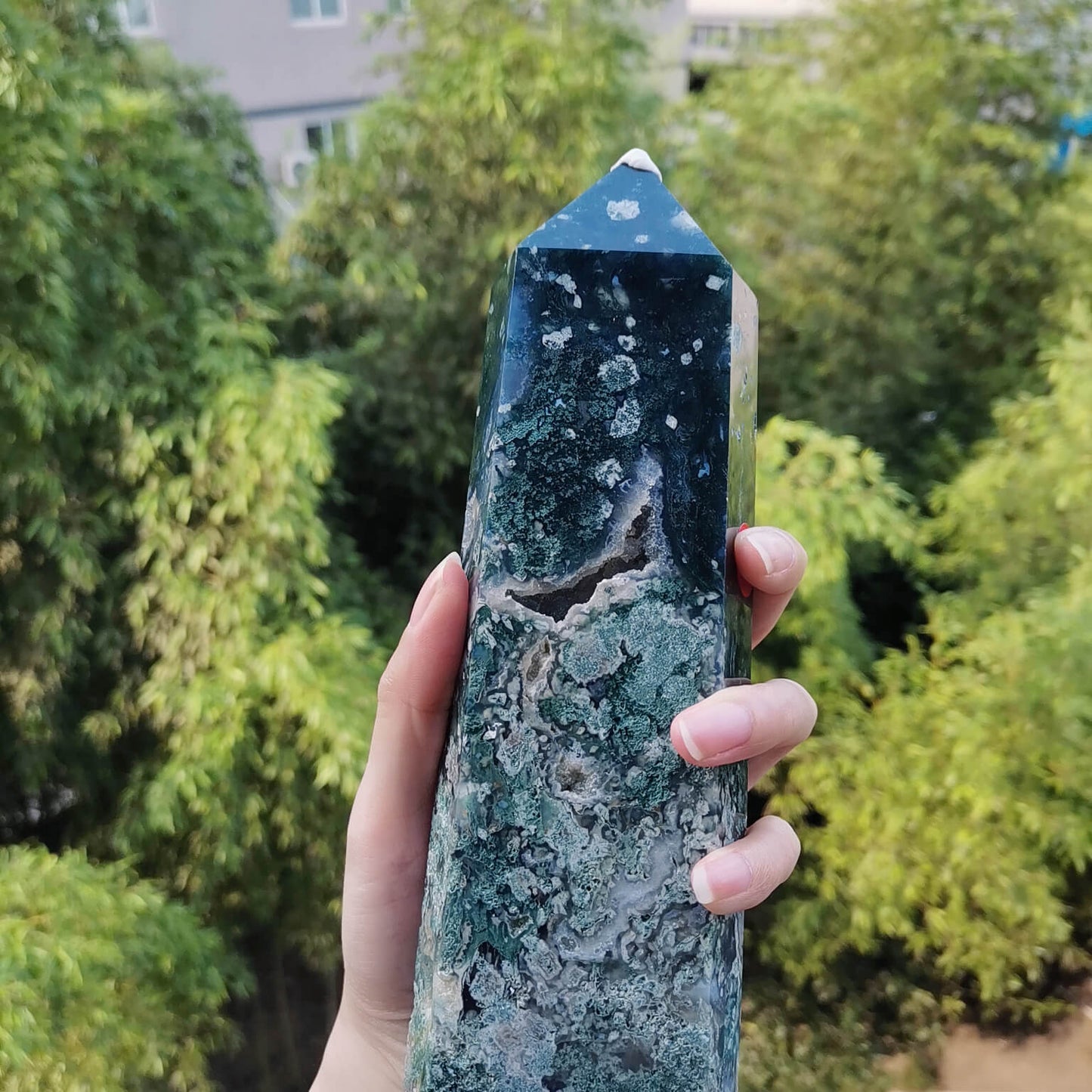 Large Natural Moss Agate Point Tower