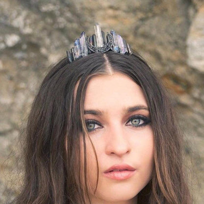 Handmade Faux Raw Crystal Headband Quartz Black Moon Bridal Alloy Tiara Crown