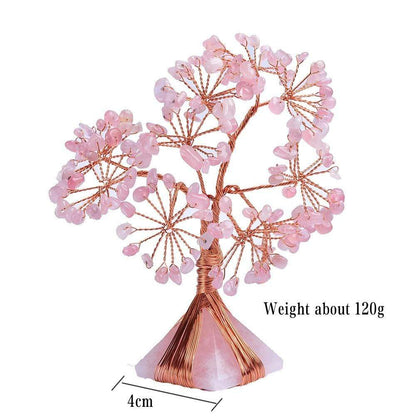 Árbol de cristal con pirámide de cristal de cuarzo rosa