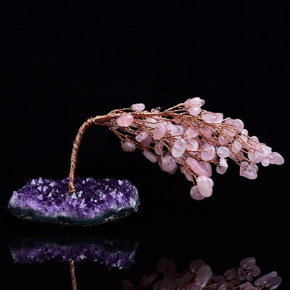 Árbol de cuarzo rosa con racimo de amatista natural