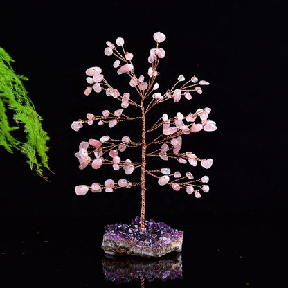 Árbol de cuarzo rosa con racimo de amatista natural