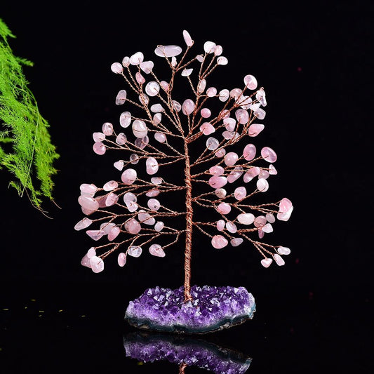 Árbol de cuarzo rosa con racimo de amatista natural