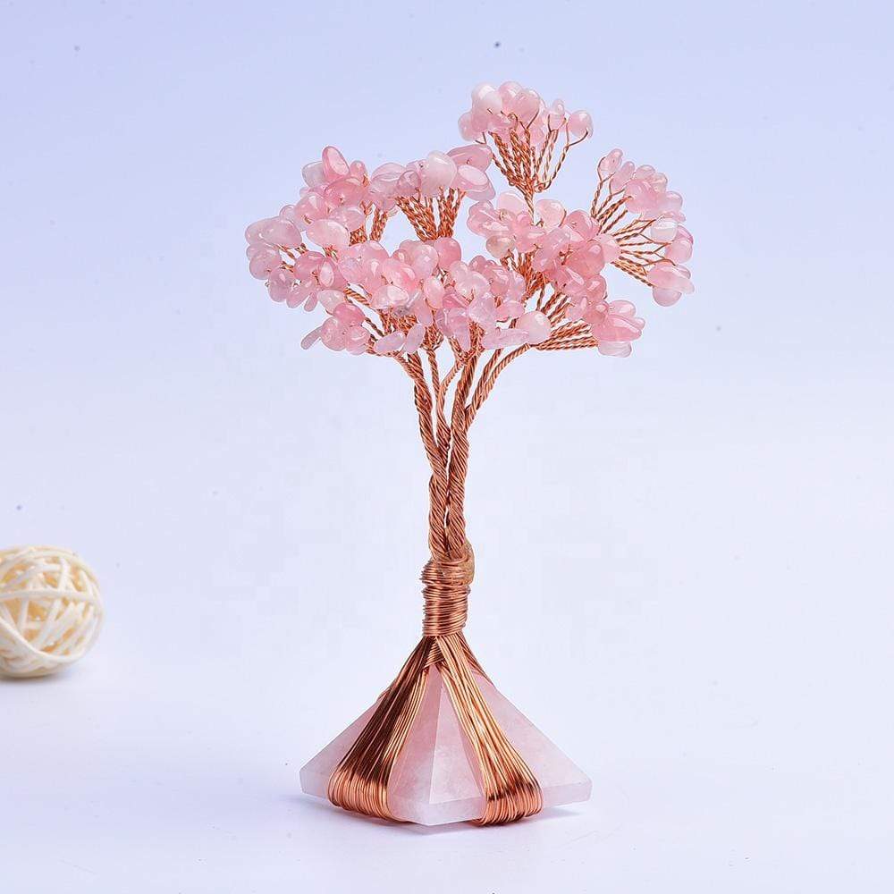 Árbol de cristal con pirámide de cristal de cuarzo rosa