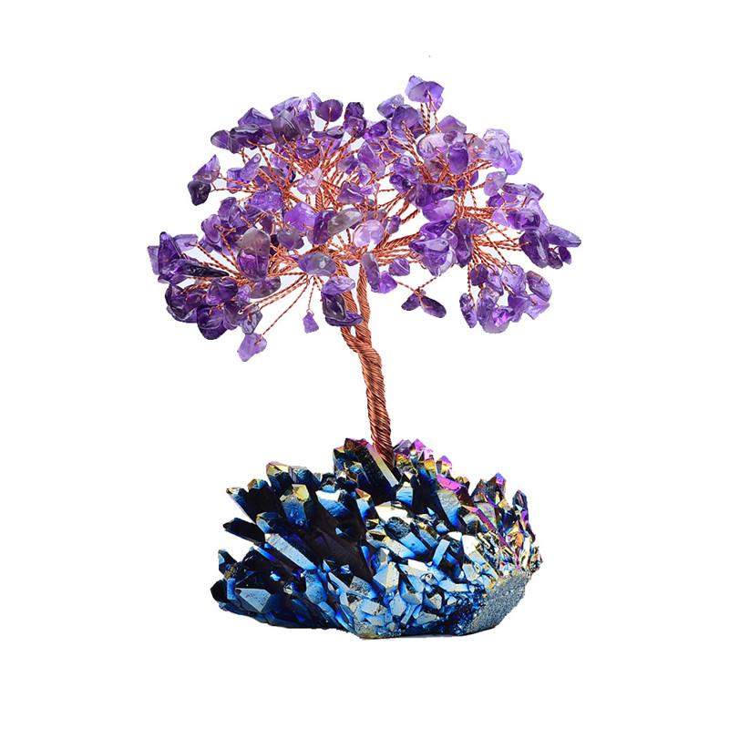 Árbol de amatista con base de racimo de cristal arcoíris natural