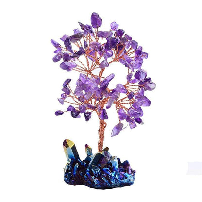 Árbol de amatista con base de racimo de cristal arcoíris natural