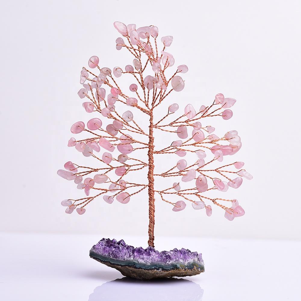 Árbol de cuarzo rosa con racimo de amatista natural