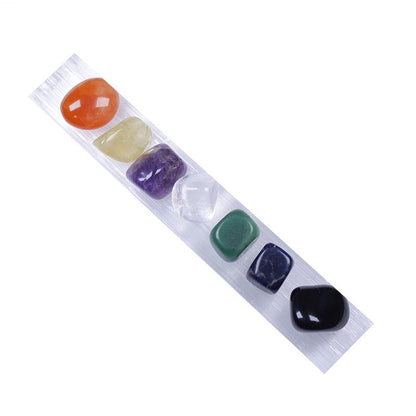 Juego de piedras pulidas de cristal natural con forma de cubo de los 7 chakras y placa de selenita