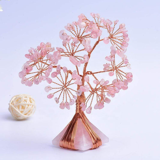 Árbol de cristal con pirámide de cristal de cuarzo rosa