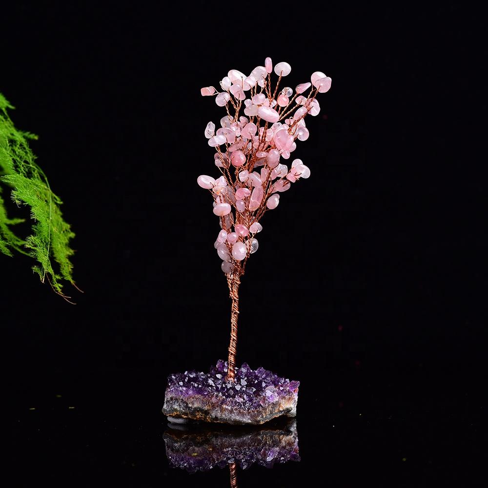 Árbol de cuarzo rosa con racimo de amatista natural